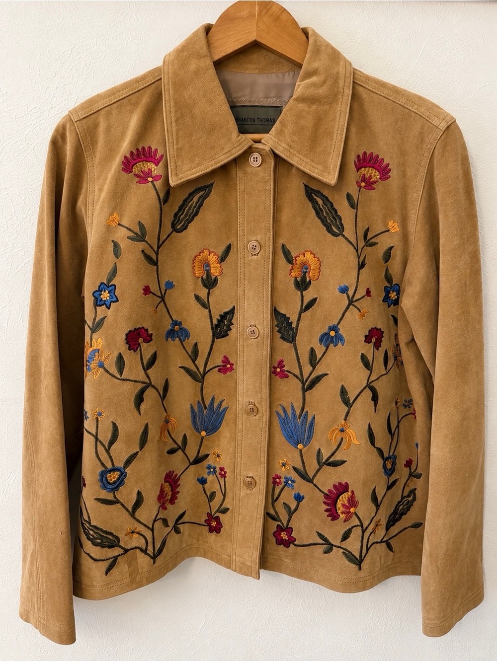 Brandon Thomas Embroidered Suede Button-Front Jacket